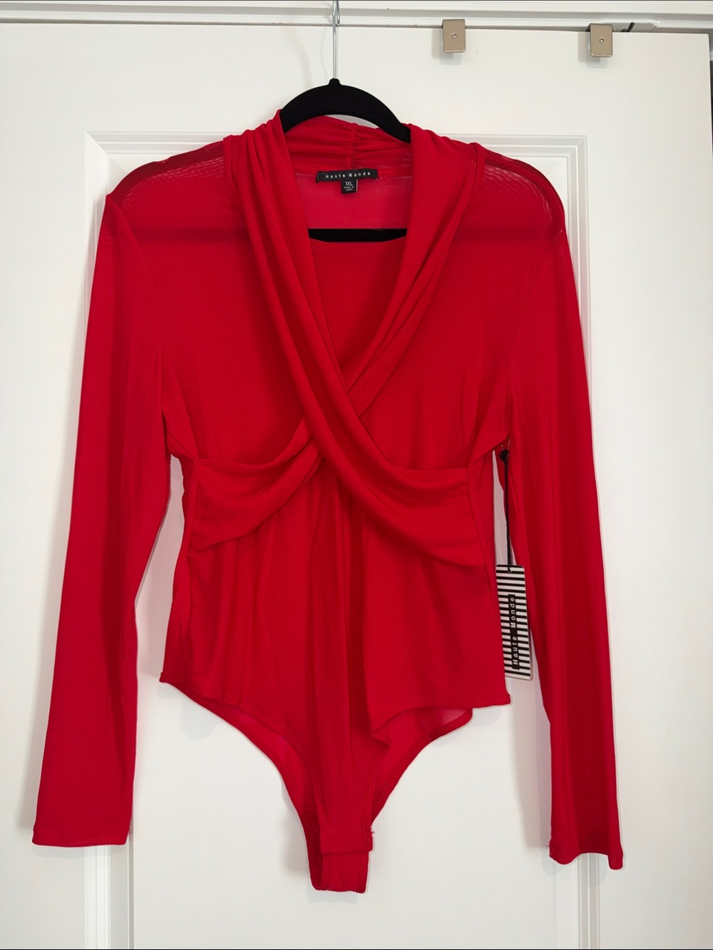 Haute Monde Red Draped Crossover Long-Sleeve Bodysuit